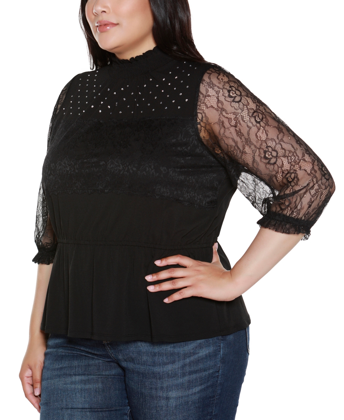 Belldini Plus Size Mixed-media Embellished Knit Top In Black