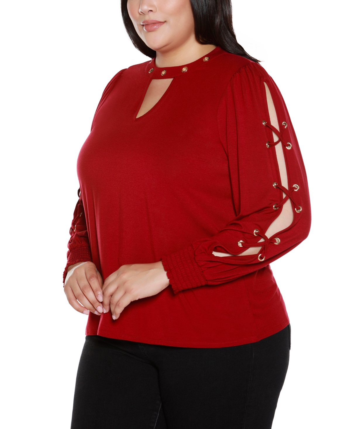 Belldini Plus Size Slit-sleeve Keyhole Knit Top In Red