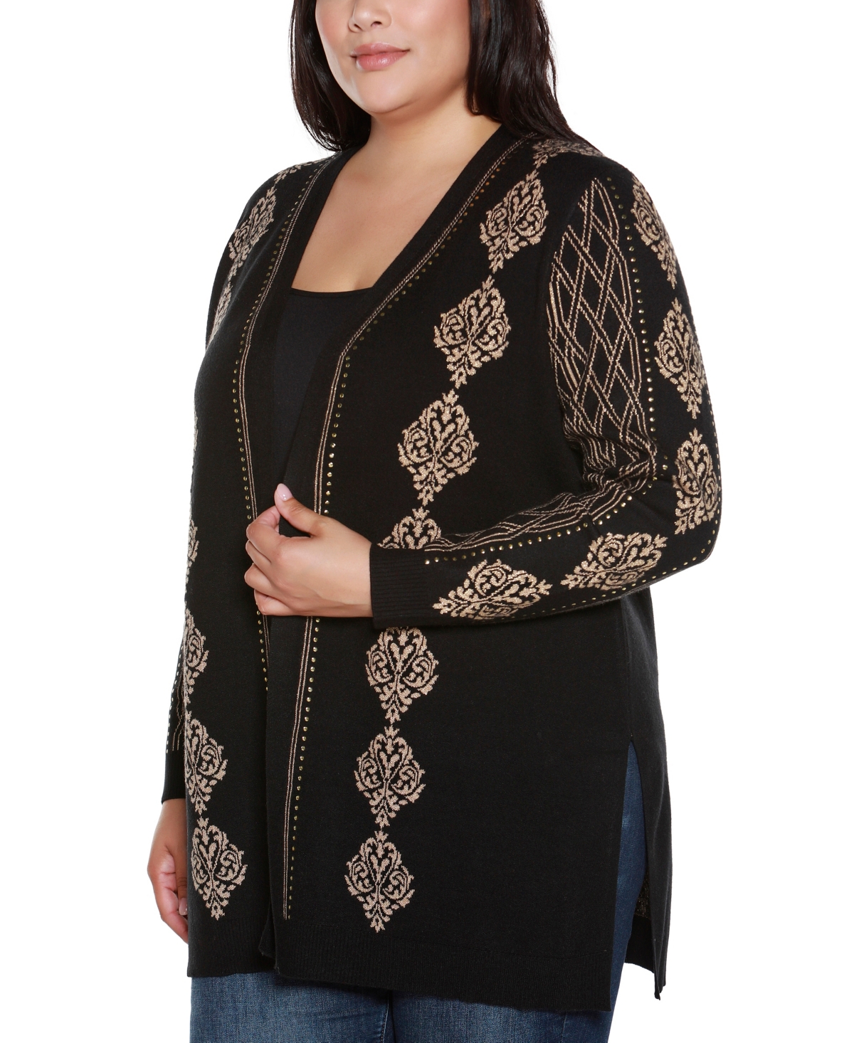 Belldini Plus Size Lurex Jacquard Open-front Cardigan Sweater In Black