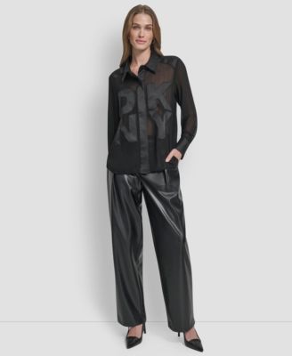 Women's Long Sleeve Chiffon Logo Button Front Top