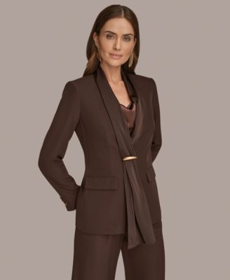 Womens Mixed Media Draped Neck Blazer, Regular & Petite