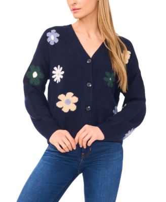 Women's Flower Pattern V-Neck Cardigan Sweater