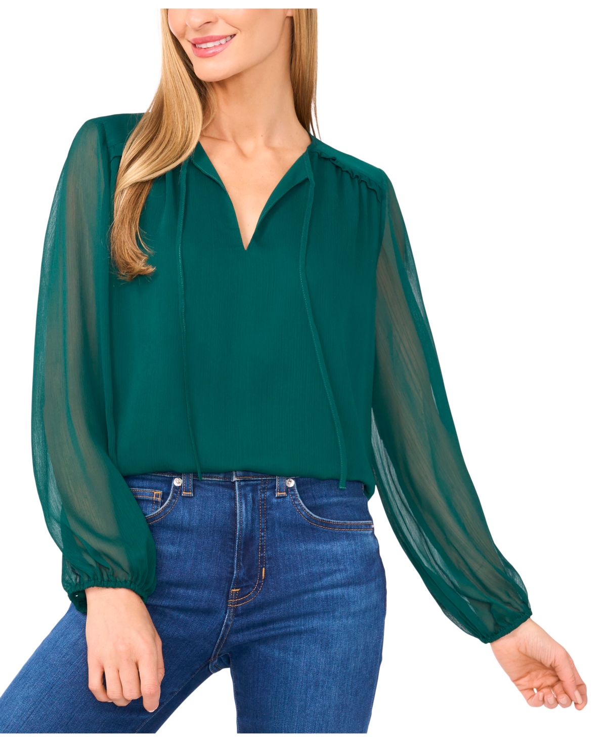 Cece Women's Long Sleeve Ruffle Detail Top In Green