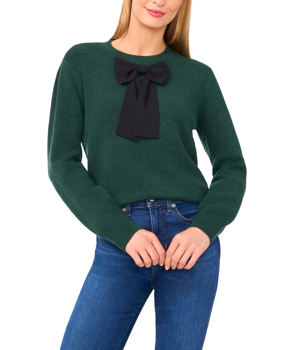 Cece Women's Bow-trim Crewneck Sweater In Green