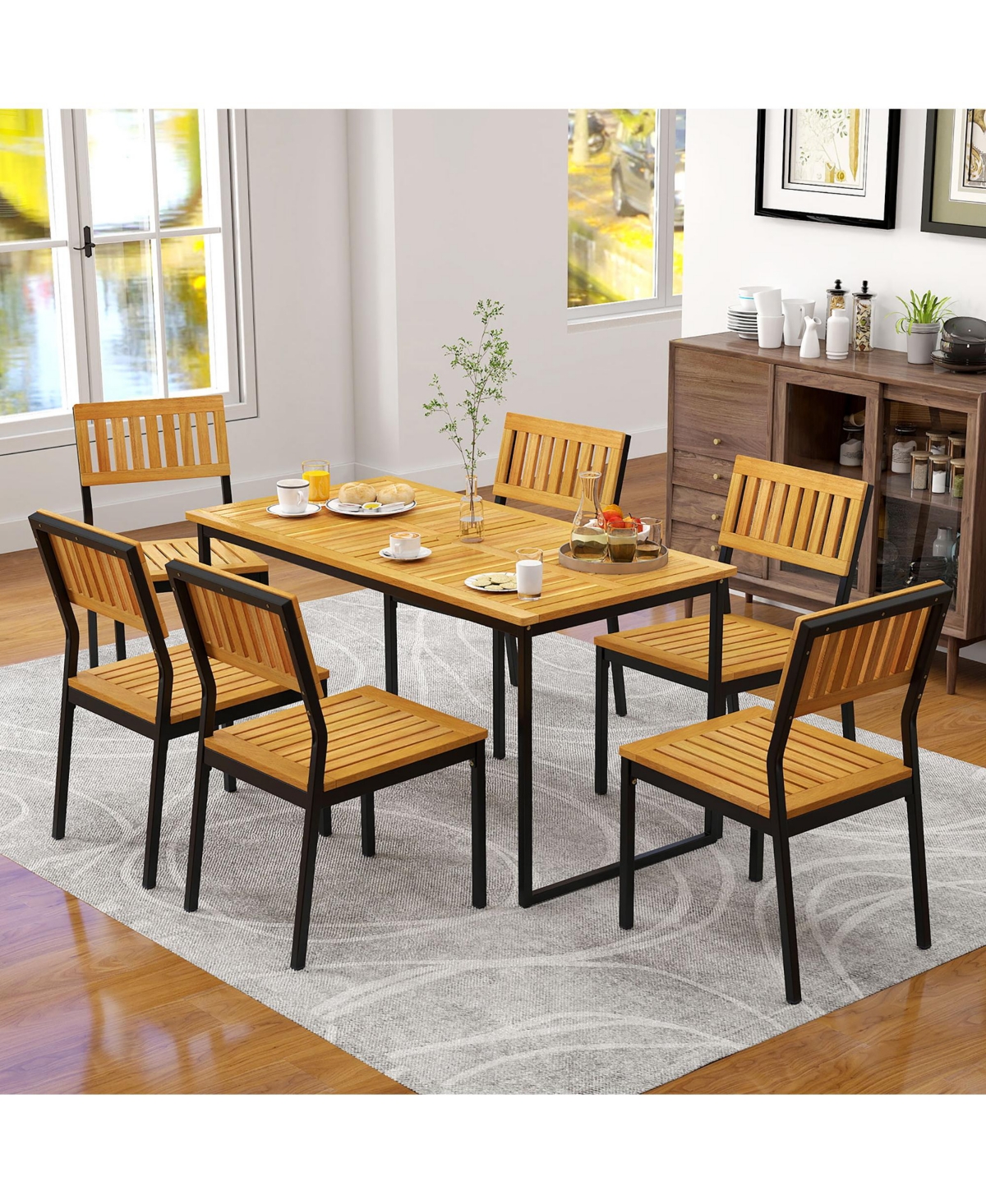 Gymax 3 Pcs Outdoor Dining Set for 6 w/Acacia Wood Tabletop Metal Frame Umbrella Hole