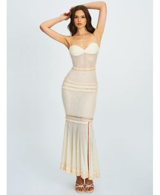 Women's Pallas Beige Lace Trim Crochet Mermaid Maxi Dress