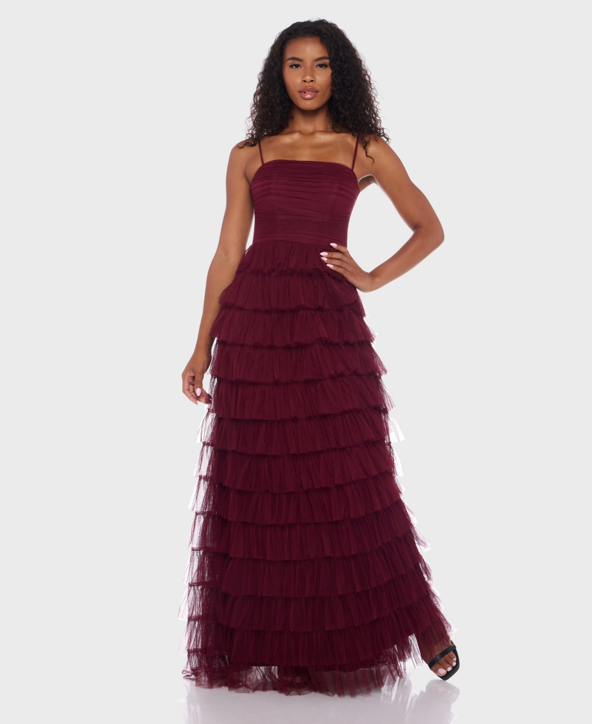 B Darlin Junior's Spaghetti Strap Square Neck Ruffle Dress In Brown