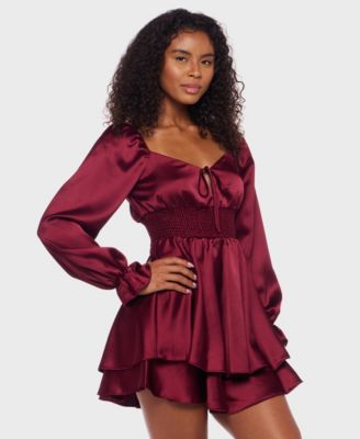 Juniors' Satin Tie-Neck Smocked-Waist Dress