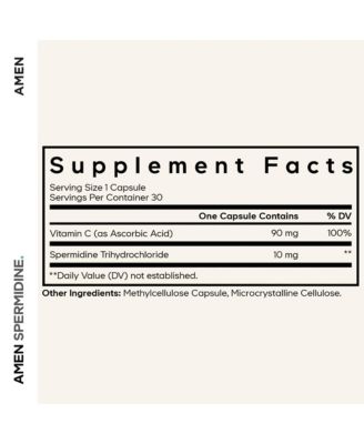 Amen Spermidine Supplement - Vitamin C - Spermidine Pills - Spermidine Trihydrochloride With Vitamin C Ascorbic Acid Gluten-Free - 30 Capsules