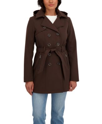 Women's Belted Double Breasted Soft Shell Trench Coat With Detachable Hood