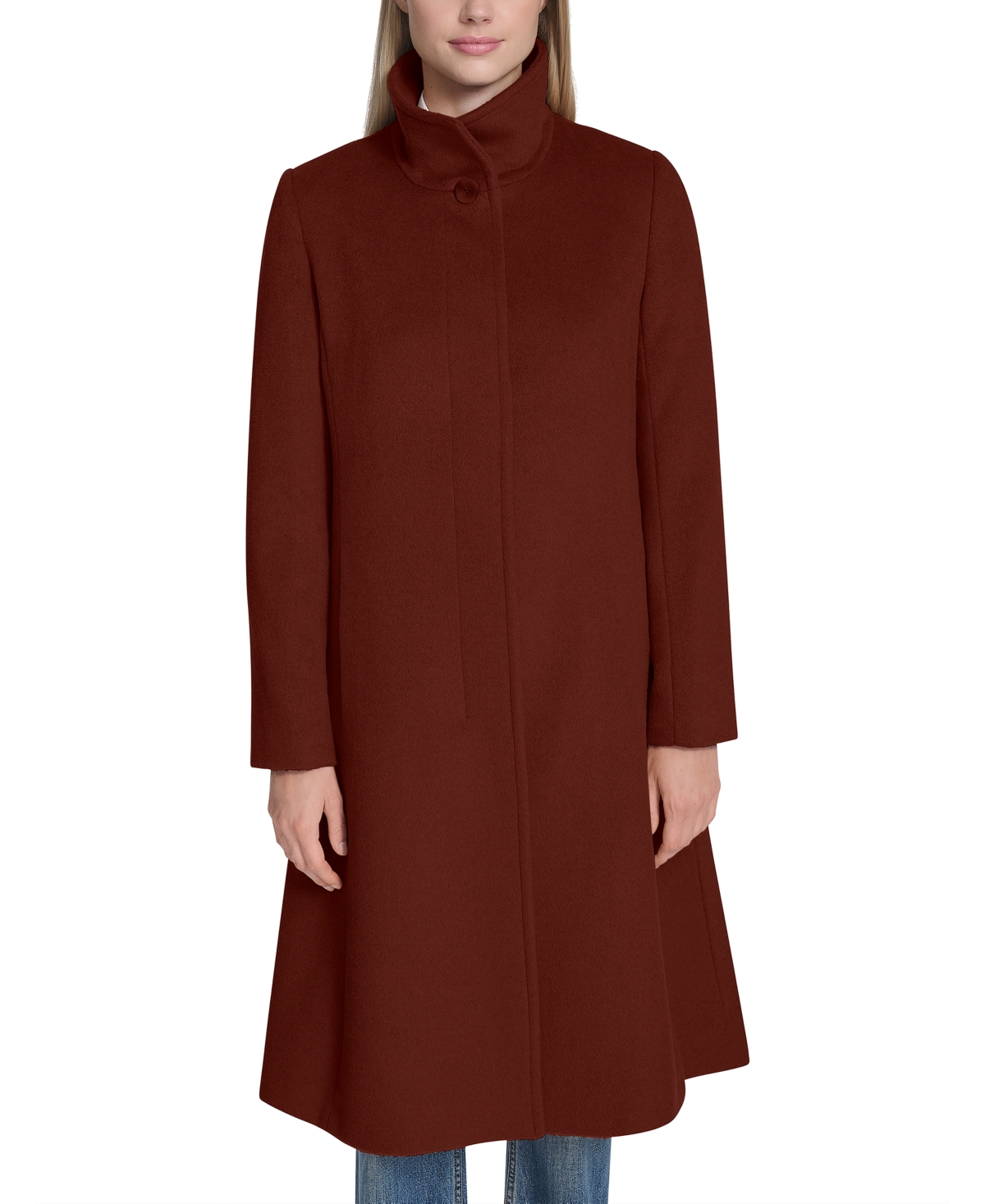 Cole Haan Womens Stand-collar Single-breasted Wool Blend Coat In Brown