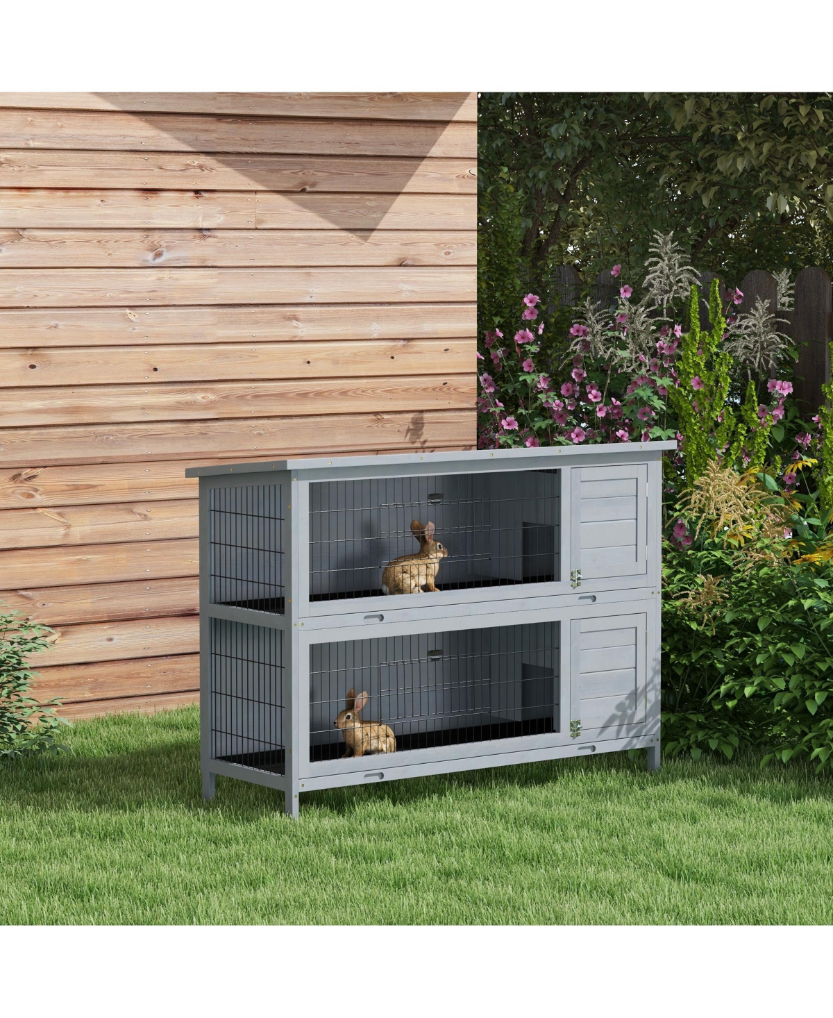 PawHut Wooden Bunny Cage w/ Dividers and Pull Out Trays for Outdoors