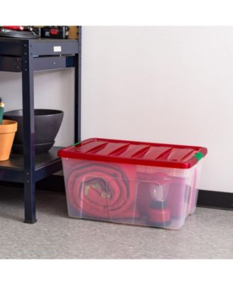 94 Quart Stackable Holiday Plastic Storage Bins with Lids and Latching Buckles, Clear/Red - 2 Pack