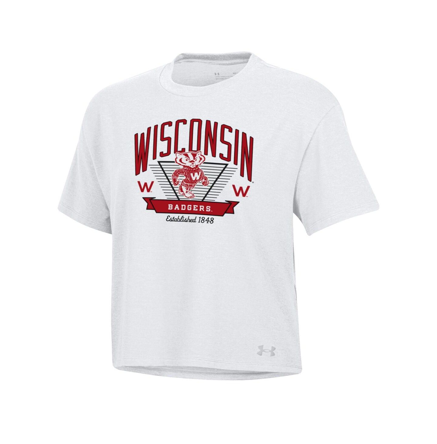 Женская футболка Under Armour White Wisconsin Badgers Essentials Icon Ultra-Soft Tri-Blend Boxy Cropped — фото 3