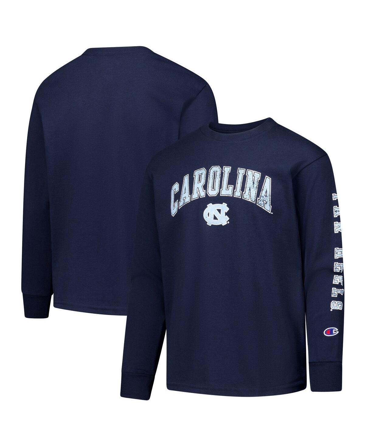 Champion Big Boys And Girls Navy North Carolina Tar Heels Distressed Arch Over Logo Long Sleeve T-shirt In Blue