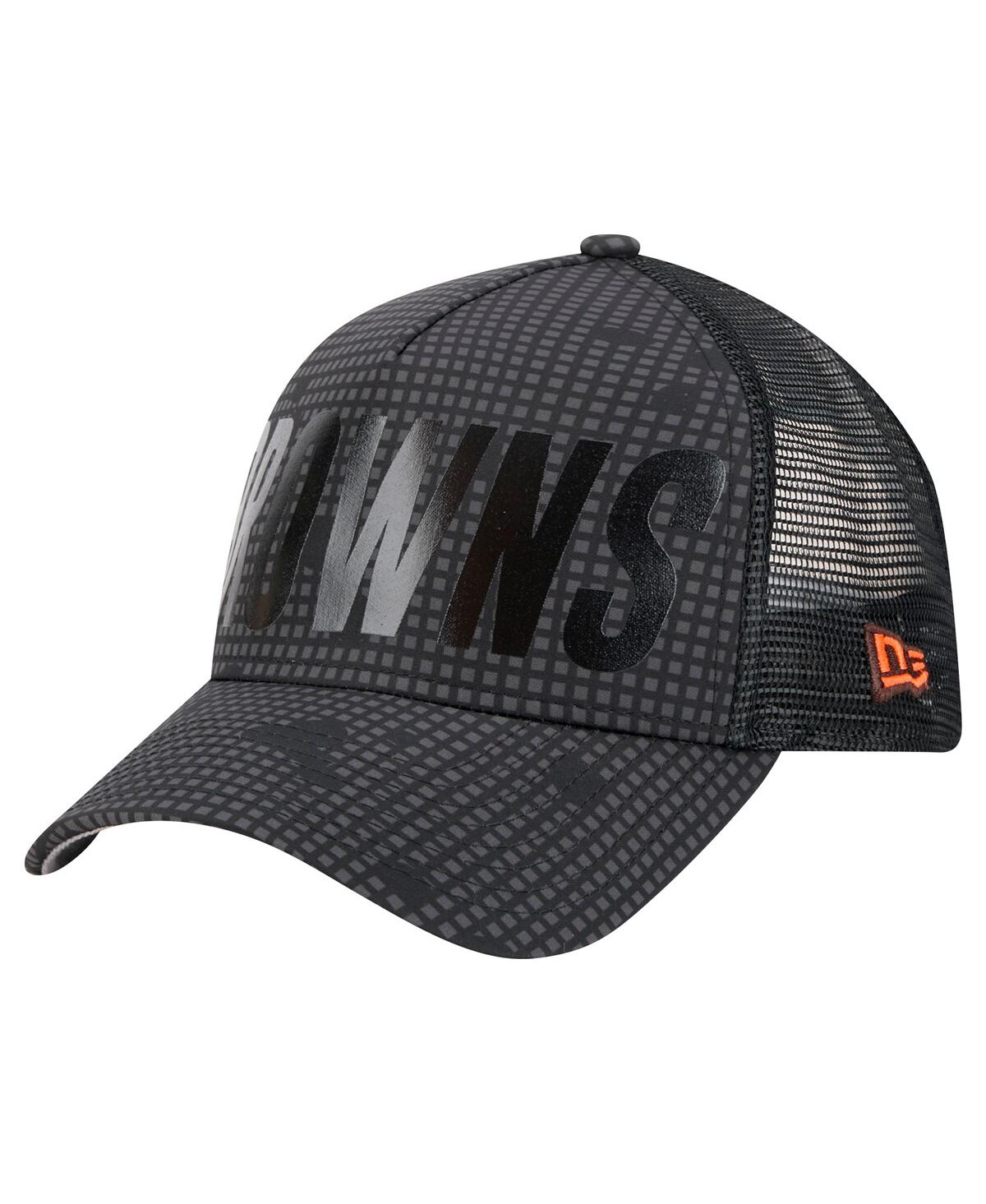 New Era Men's Black Cleveland Browns Throwback Midnight Ink Tonal Text A-frame Trucker 9forty Adjustable Hat In Black