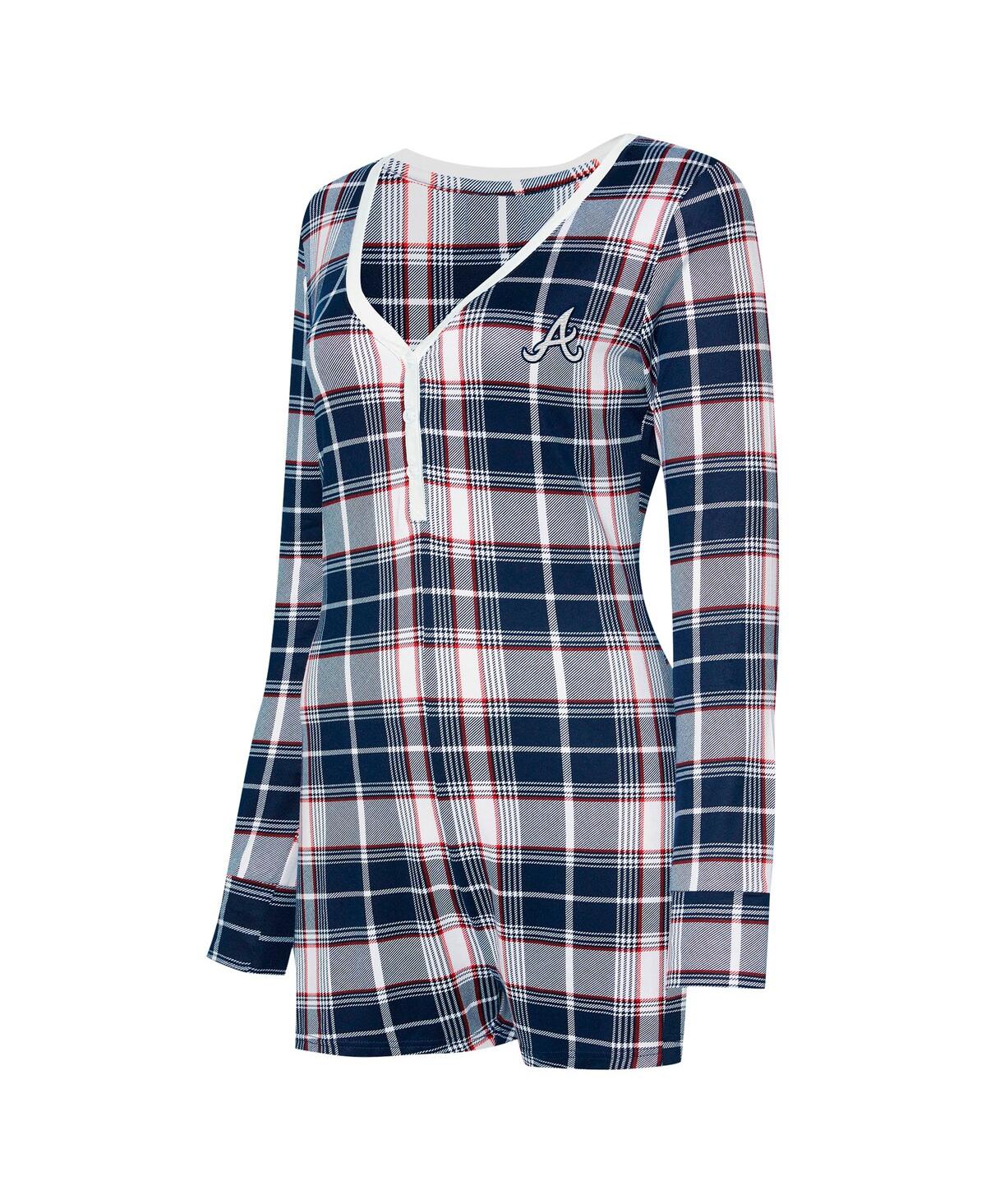 Concepts Sport Women's Navy Atlanta Braves Ashford Plaid V-neck Knit Romper In Blue