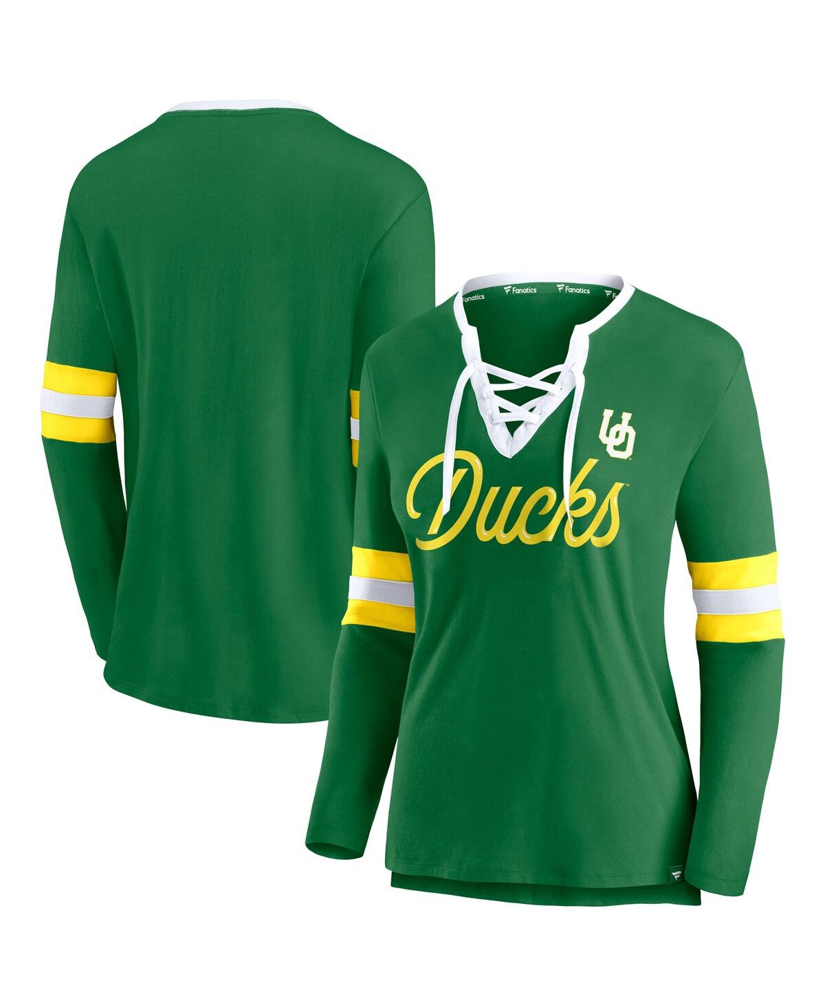 Fanatics Women'sâ Apple Green Oregon Ducks Block Party Script Lace-up V-neck Long Sleeve T-shirt In Green