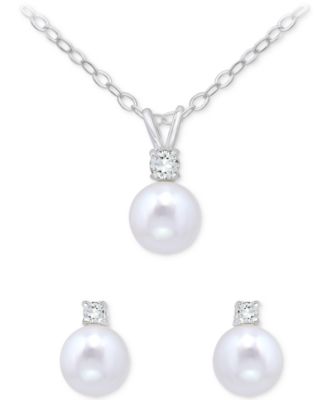 Giani Bernini - White Topaz & Freshwater Pearl Stud Earrings & Pendant Necklace Set in Sterling Silver