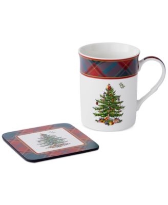 Christmas Tree Tartan 5-Piece Mug & Tin Coaster Set