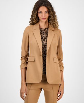 Bar Iii Womens One Button Scrunched Sleeve Jacket Leopard Print Short Sleeve Mesh Top High Rise Flared Leg P In Brown