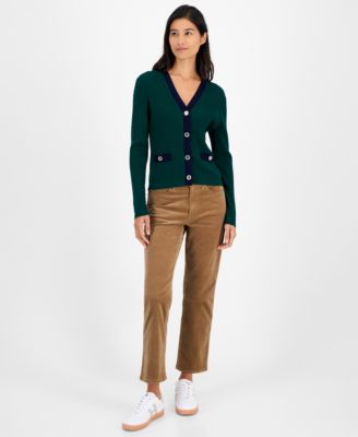 Women's Contrast Trim V-Neck Button-Front Cardigan