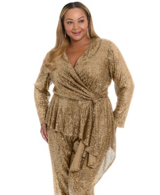 Muse - Plus Size Sequin Long Sleeve Twist Wrap Top