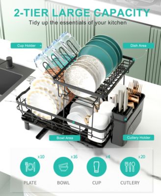 2-Tier Detachable Dish Drying Rack Stainless Steel Rack with Cutlery Box and Cup Holder