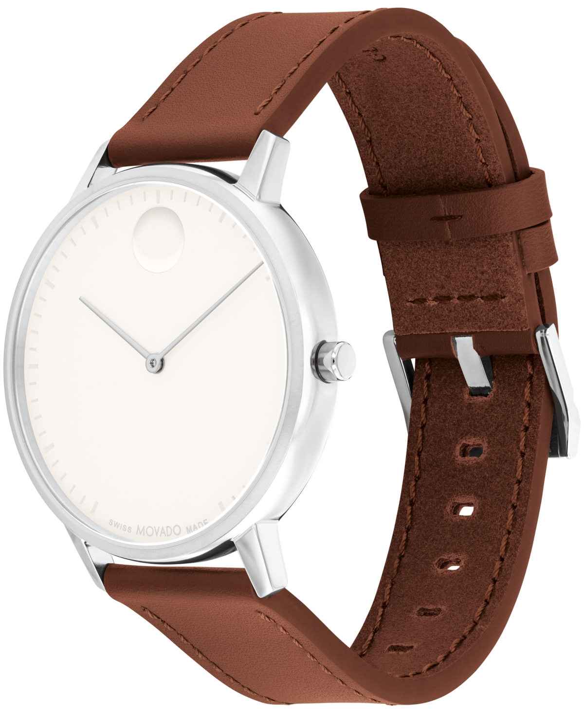 Movado Unisex Face Swiss Quartz Cognac Leather Watch, 41mm In White