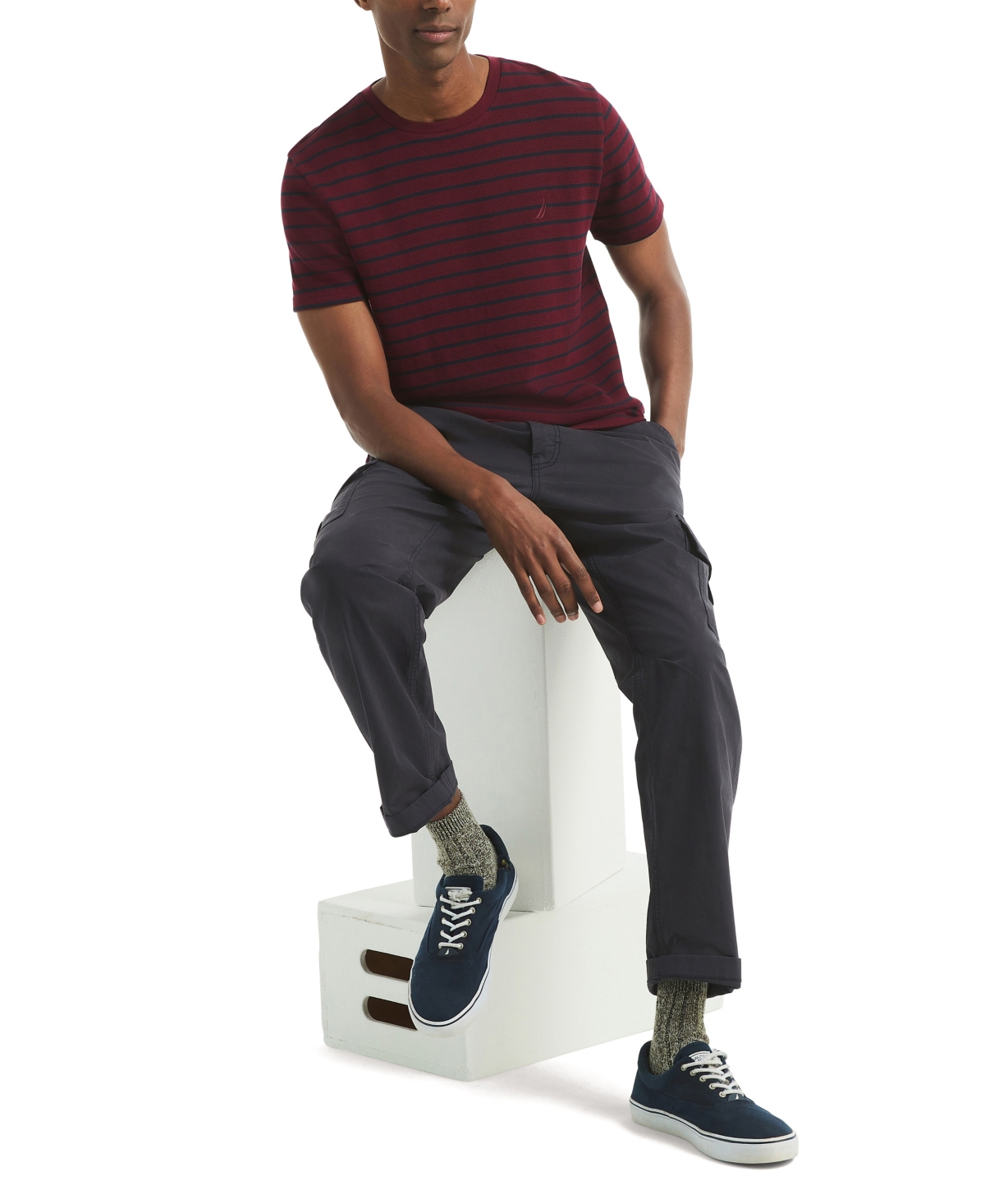 Nautica Mens Waffle Knit Striped Crewneck T-shirt In Burgundy