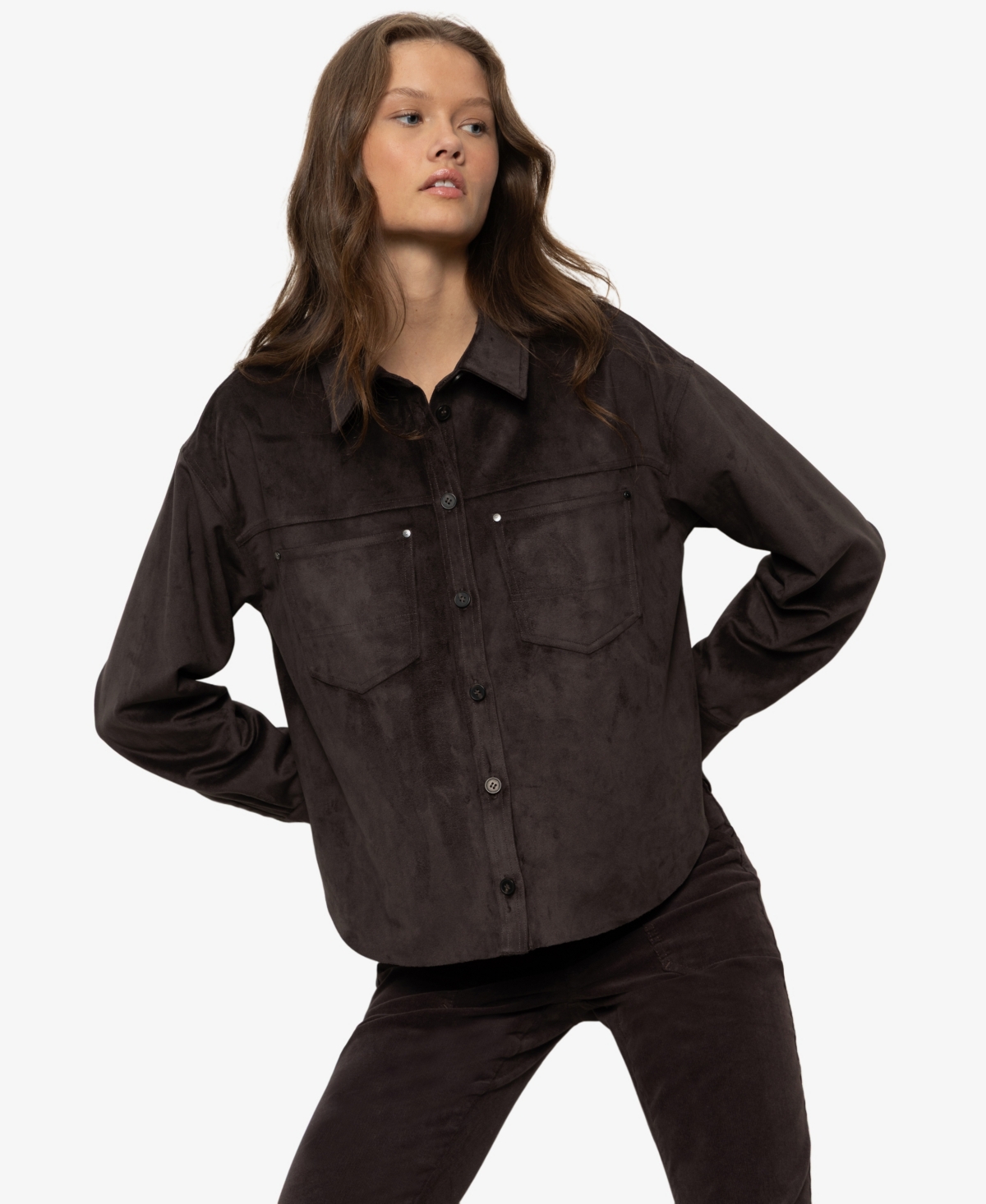 Sanctuary Ivy Faux Suede Long Sleeve Button-up Shirt In Brown