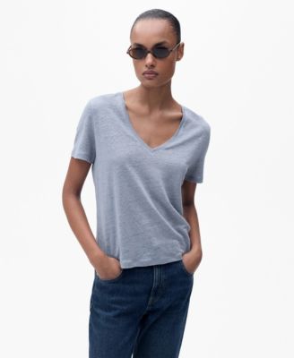 MANGO - Women's V-Neck Linen T-Shirt