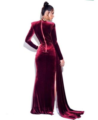 Women Zenaida Burgundy Cutout High Slit Velvet Gown