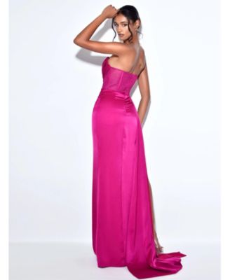 Women Holly Fuchsia Crystallized Corset High Slit Satin Gown