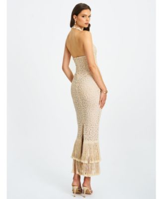 Women Faelyn Off-White Double Fringe Crochet Halter Maxi Dress