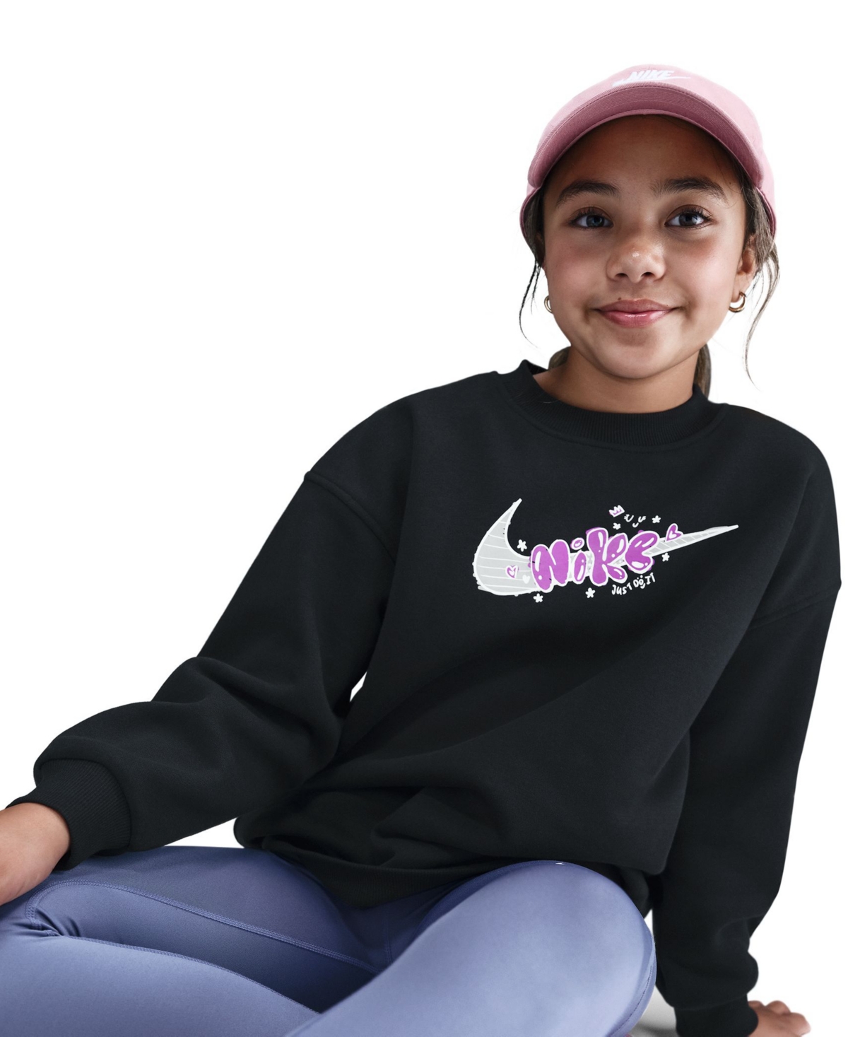 Nike Big Girls Sportswear Club Fleece Oversized Crewneck Sweatshirt In Black