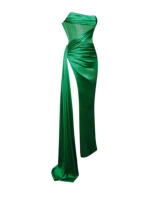 Women's Holly Green Crystallized Corset High Slit Satin Gown