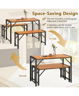 3 PCS Dining Set for 4 People Outdoor Picnic Table & 2 Benches w/ Metal Frame