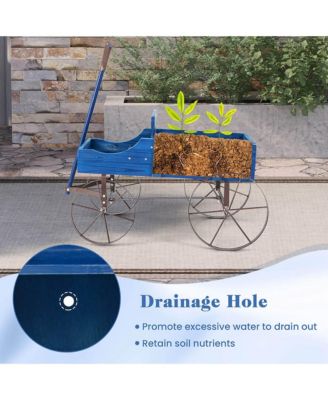 Patio Wooden Garden Flower Planter Wagon Plant Bed W/ Wheel Garden Yard  24.5'' x 13.5'' x 24''