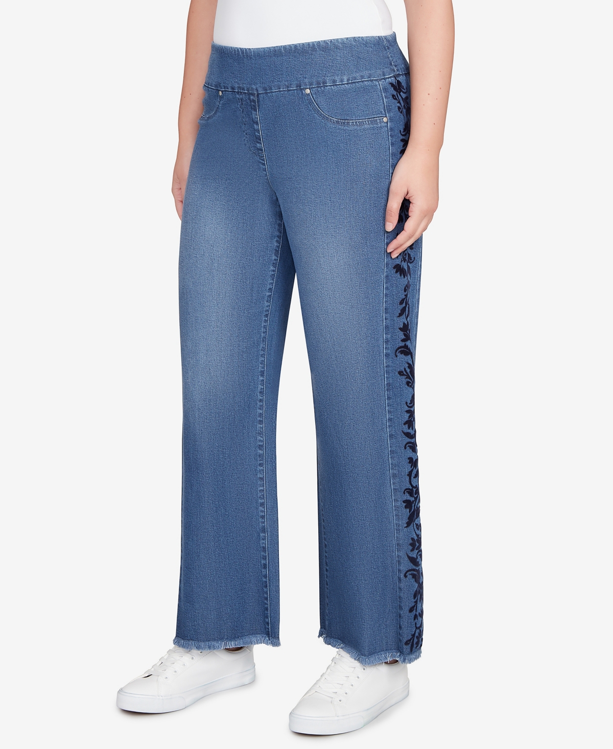 Ruby Rd. Petite Flocked Bootcut Ankle Jeans In Blue