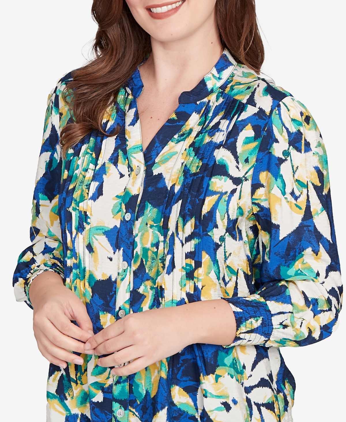 Ruby Rd. Petite Floral Silky Voile Button Down Top In Multi