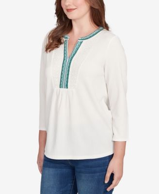 Petite Embellished Textured Split Neck Top