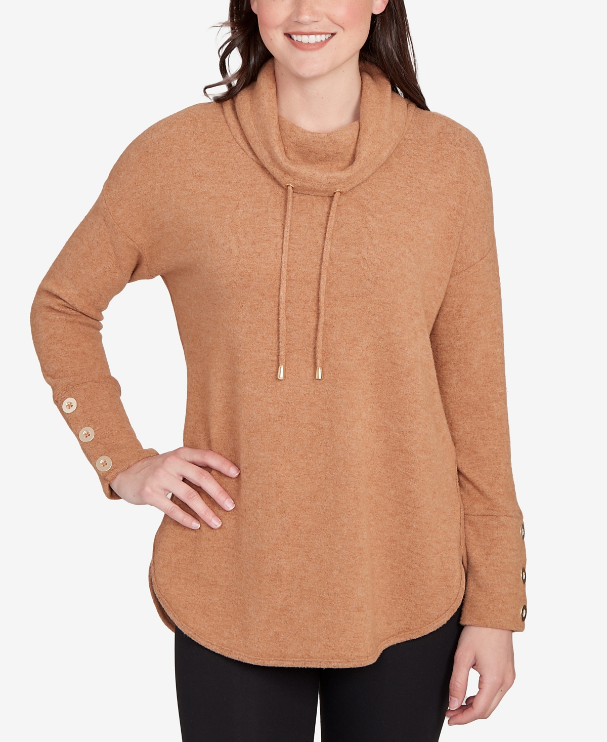 Ruby Rd. Petite Cozy Cowl Neck Drawstring Top In Brown