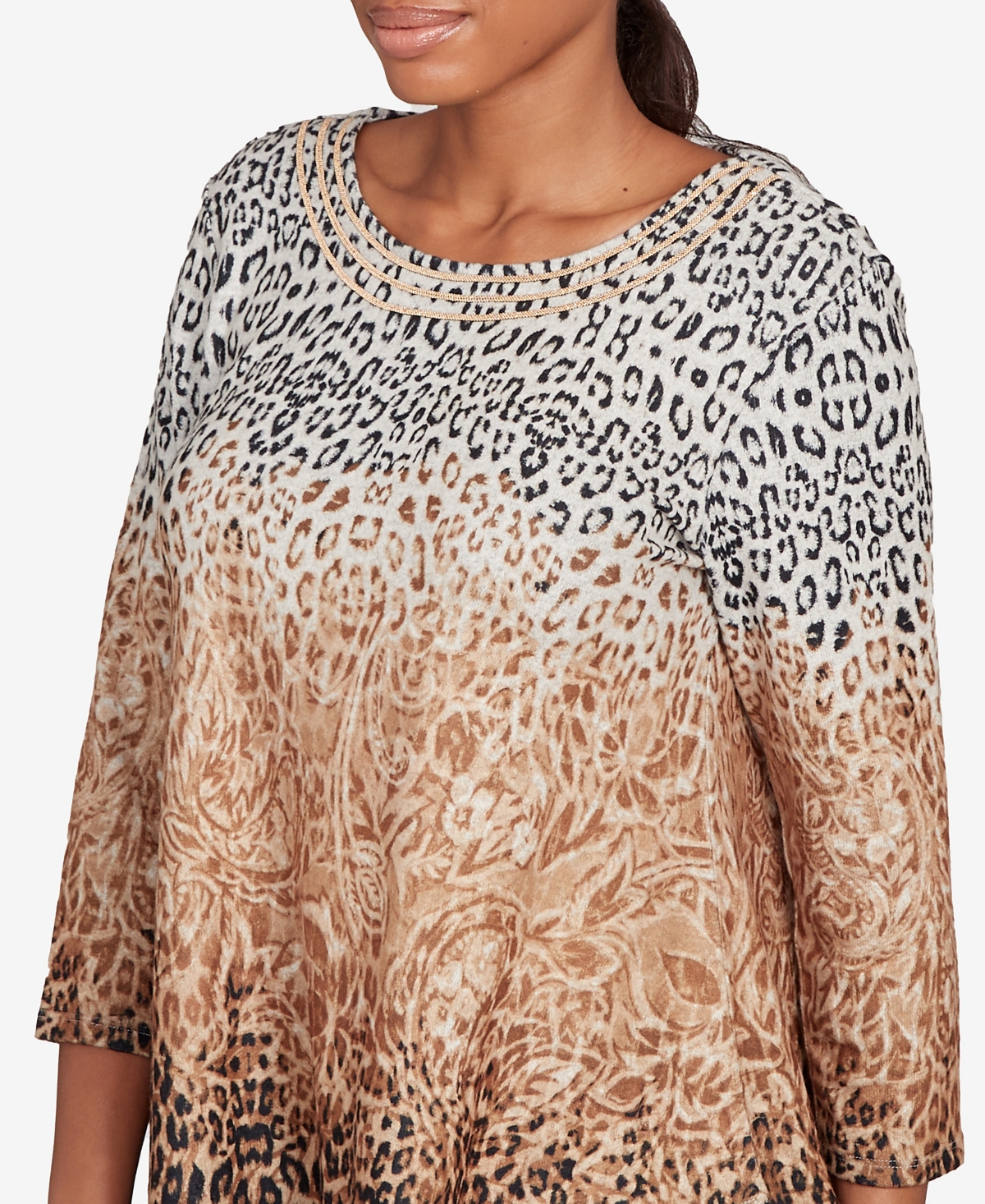 Ruby Rd. Petite Embellished Animal Print Cozy Top In Brown