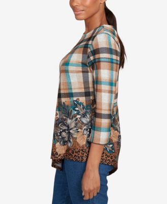 Petite Floral Plaid Cozy Ballet Neck Top