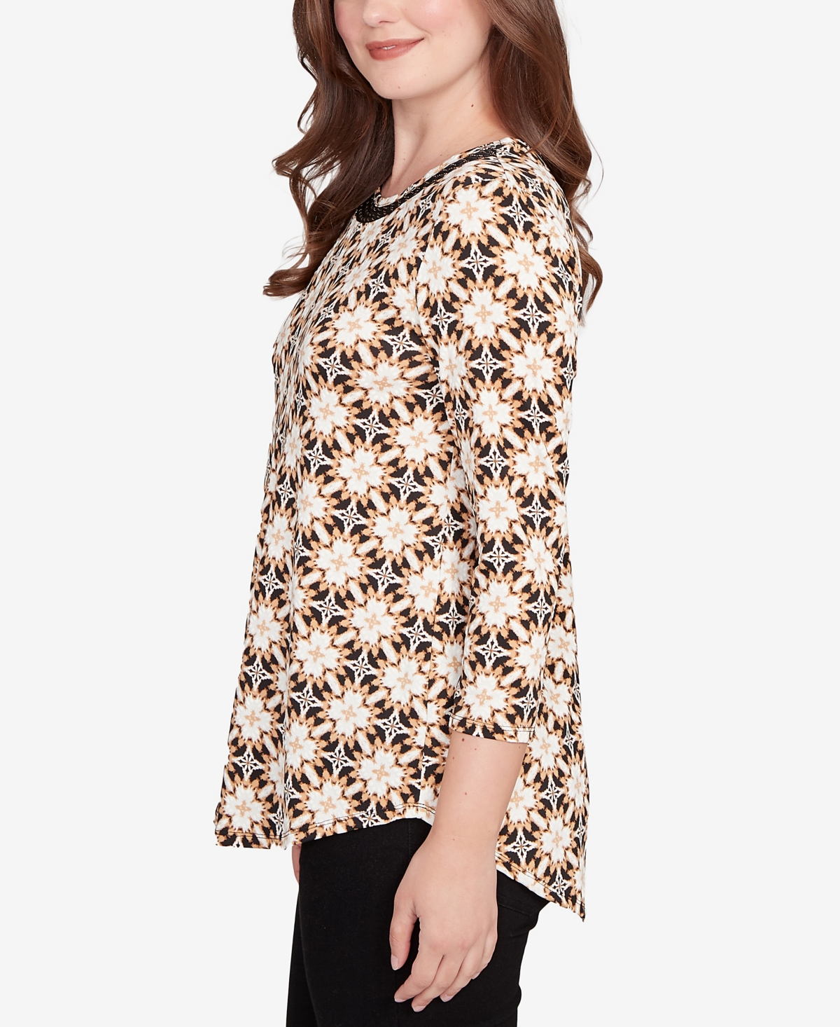 Ruby Rd. Petite Mesh Textured Geo Puff Print Top In Multi