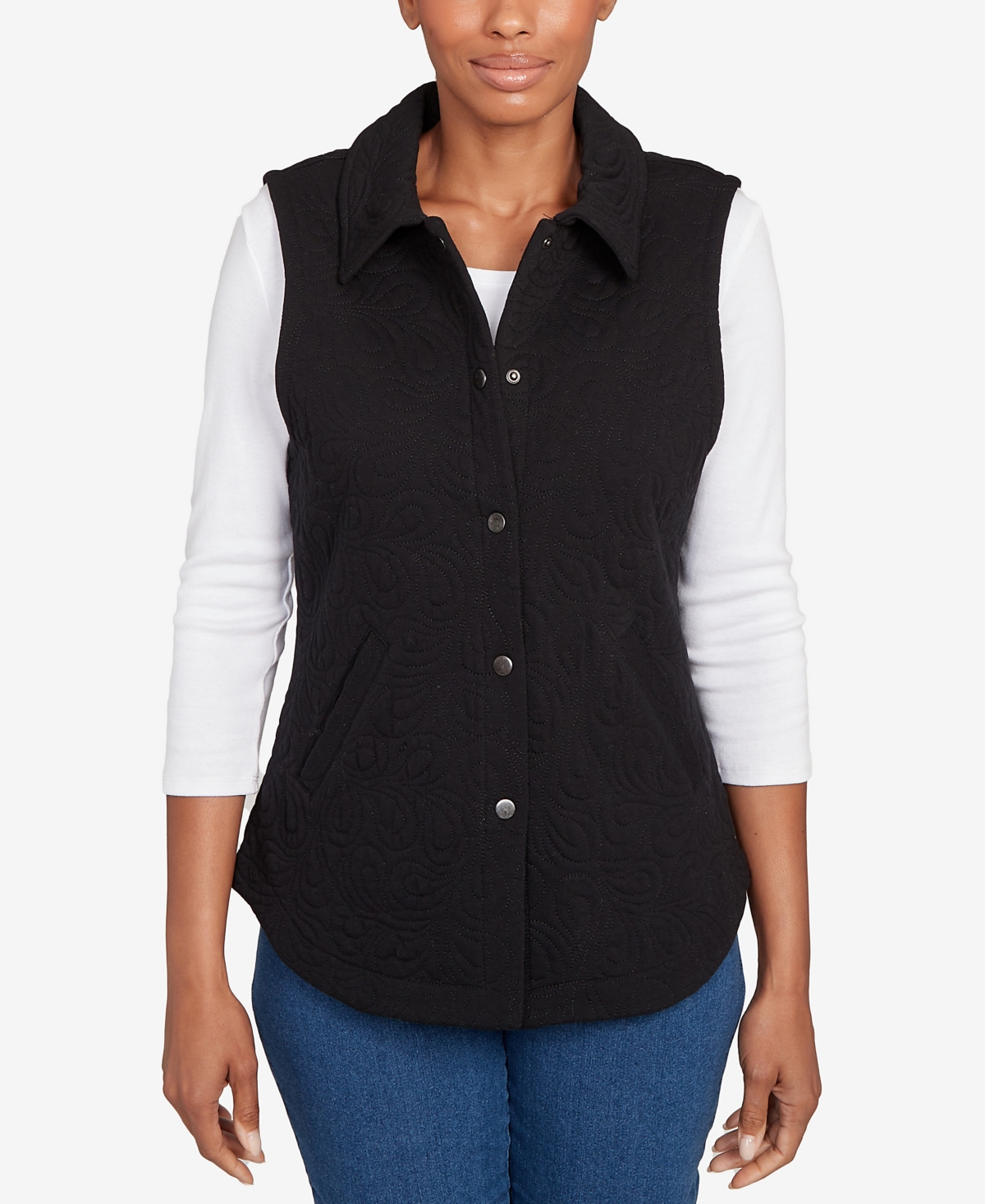 Ruby Rd. Petite Quilted Terry Inner Beauty Vest Jacket In Black