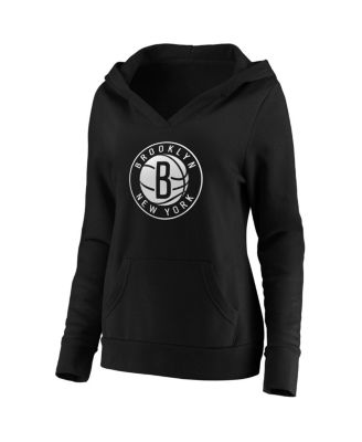 Women's Black Brooklyn Nets Primary Logo V-Neck Pullover Hoodie