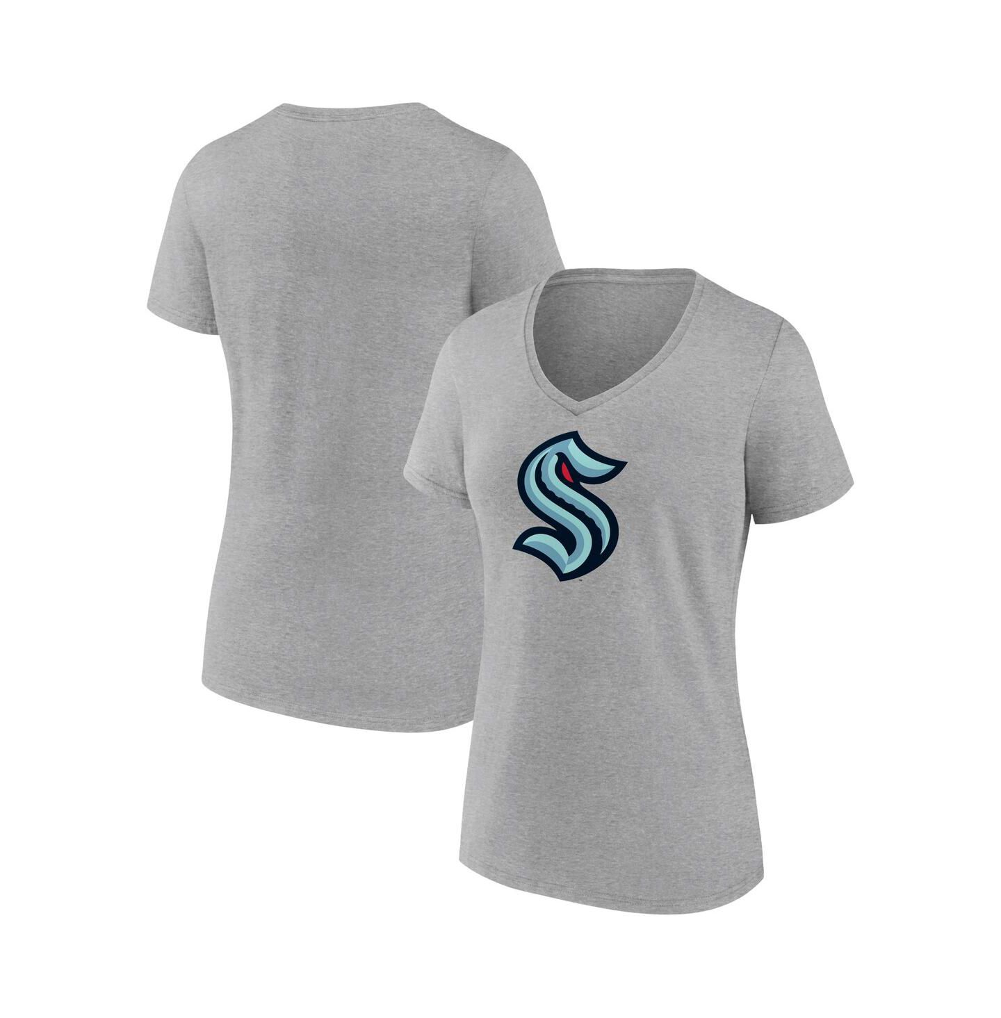 Женская футболка Fanatics Heathered Gray Seattle Kraken Primary Logo Team V-Neck — фото 1