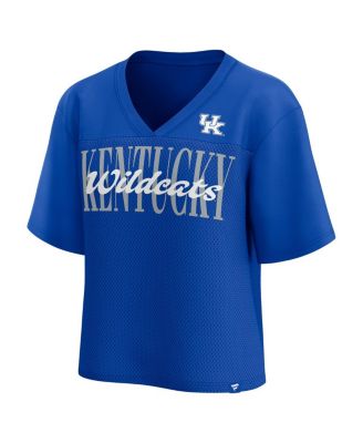 Women's Royal Kentucky Wildcats Tall Script Overlay Mesh V-Neck Fashion Top